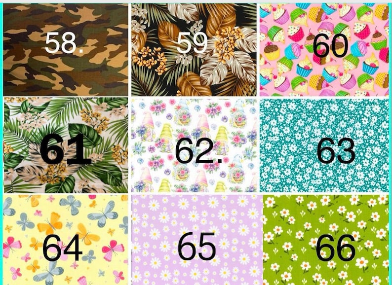 Peut inclure: &Eacute;chantillons de tissu avec divers motifs. Comprend camouflage, feuilles tropicales, cupcakes, gnomes, motifs floraux, papillons et marguerites. Chaque &eacute;chantillon est num&eacute;rot&eacute;. Id&eacute;al pour les projets de couture et de bricolage.