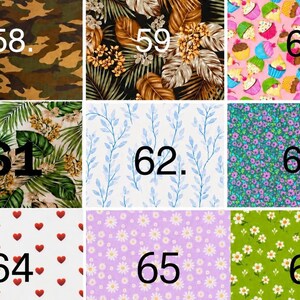May include: A grid of nine fabric swatches labeled 58 through 66. Patterns include camouflage, tropical leaves, colorful cupcakes, blue vines, small purple flowers, red hearts, white daisies on lavender, and white daisies on a green background.