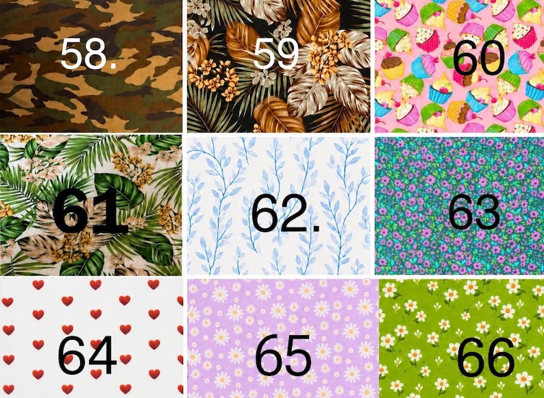 May include: A grid of nine fabric swatches labeled 58 through 66. Patterns include camouflage, tropical leaves, colorful cupcakes, blue vines, small purple flowers, red hearts, white daisies on lavender, and white daisies on a green background.