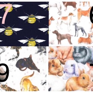 May include: A collage of four fabric patterns labeled with numbers. Section 67 features yellow and black bees on a dark blue background. Section 68 shows various dog breeds on white. Section 69 displays cats on white. Section 70 shows rabbits on white.