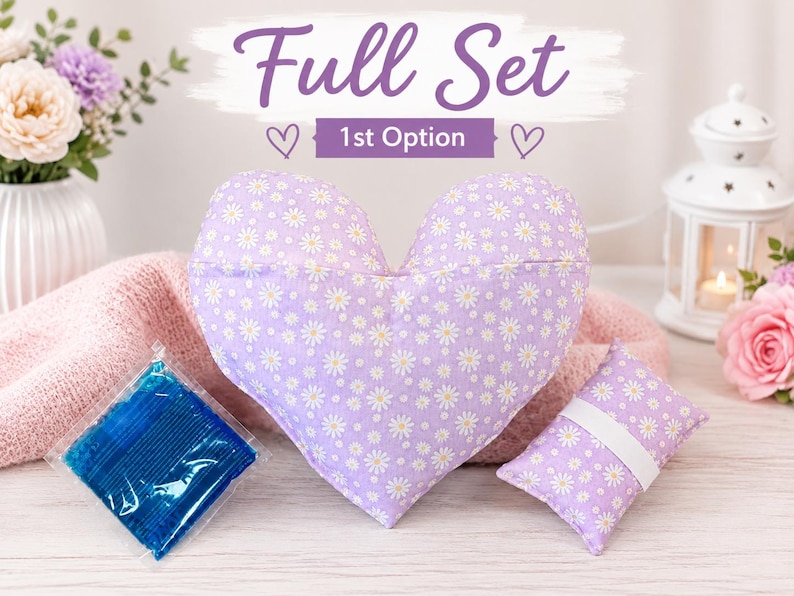May include: A heart-shaped pillow and a smaller rectangular pillow, both featuring a light purple fabric with a white daisy pattern. A square blue gel pack is positioned to the left. The text "Full Set" and "1st Option" appears above.