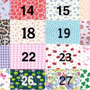 Peut inclure: Une grille d'&eacute;chantillons de tissus avec diff&eacute;rents motifs et num&eacute;ros. Les motifs comprennent des fleurs, des c&oelig;urs, des imprim&eacute;s l&eacute;opard, du vichy, des fraises, des cupcakes, des papillons et des tr&egrave;fles. Chaque &eacute;chantillon est num&eacute;rot&eacute; de 13 &agrave; 28.
