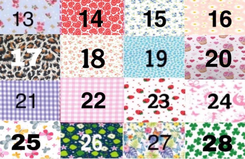 Peut inclure: Une grille d'&eacute;chantillons de tissus avec diff&eacute;rents motifs et num&eacute;ros. Les motifs comprennent des fleurs, des c&oelig;urs, des imprim&eacute;s l&eacute;opard, du vichy, des fraises, des cupcakes, des papillons et des tr&egrave;fles. Chaque &eacute;chantillon est num&eacute;rot&eacute; de 13 &agrave; 28.