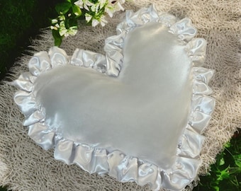 White Satin Frilled Heart Pillow Heart Cushion With Ruffles Handmade Valentine Gift Satin Heart Cushion Small & Large Sizes - 24 Colours!