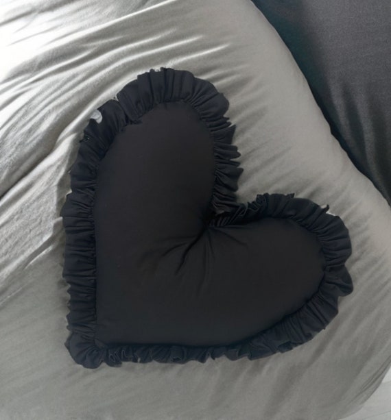 Luxury Large Black Frilled Heart Cushion Black Decor Heart Plush