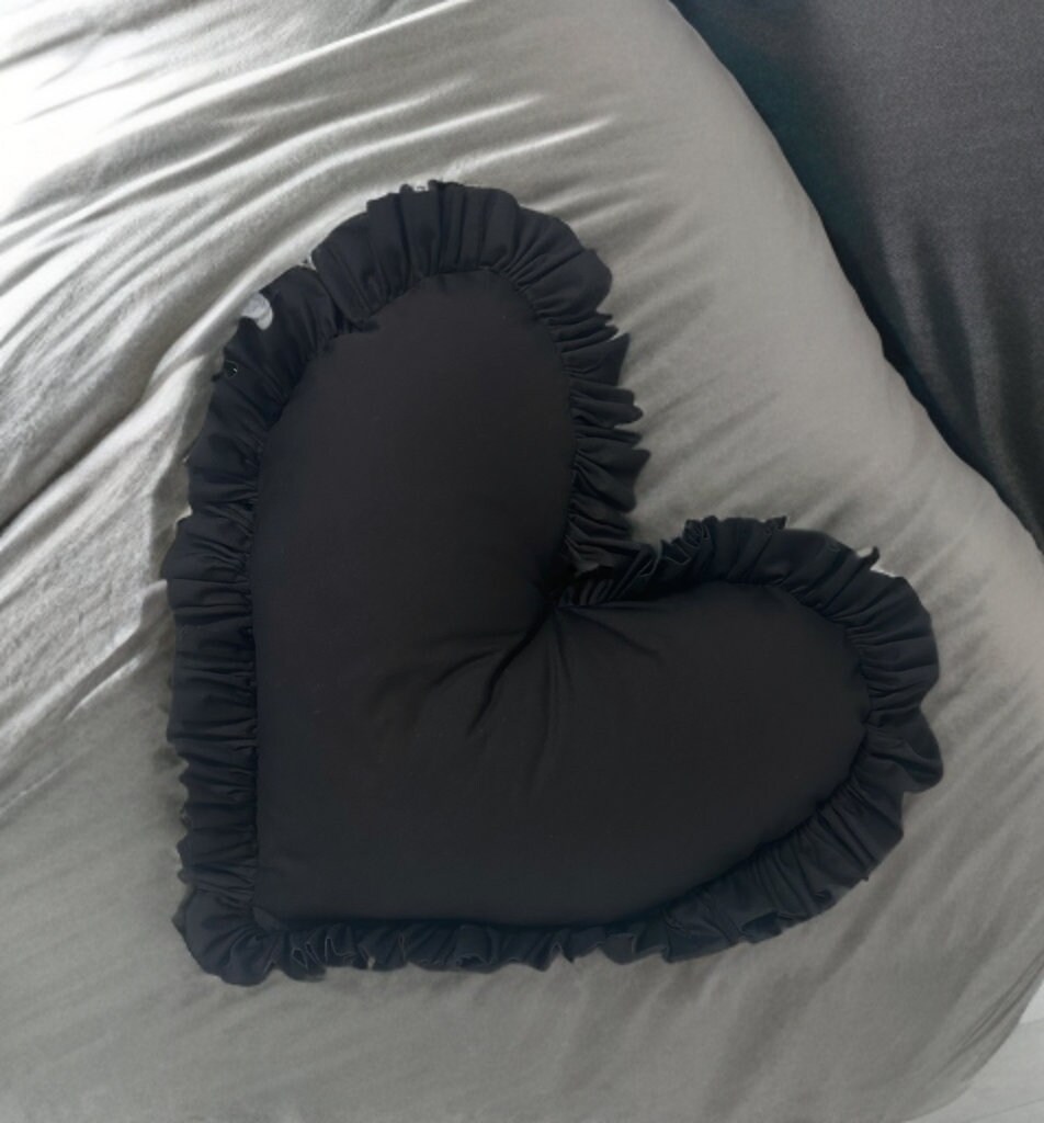 Personalised Luxury Black Frilled Heart Cushion Black Decor Heart