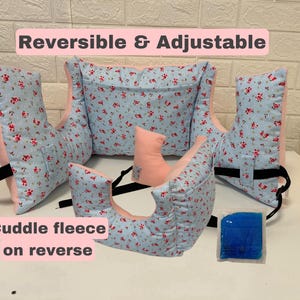 Adjustable & Reversible Mastectomy Pillow Surgery Hug Pillow + Straps Top Surgery Breast Cancer Post-Op Cuddle Fleece Blue Floral / Pink