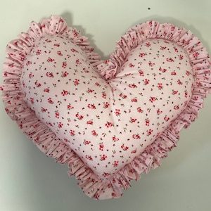 Pink Floral Frilled Heart Pillow Deep Frilled Cushion Handmade Country Cottage Handmade & Superior Finish Large Heart Cushion With Ruffles