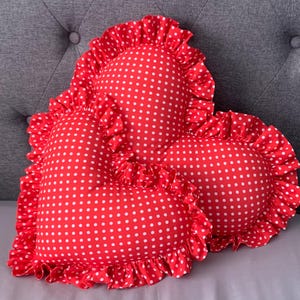 Red Heart Cushion Frilled Pillow Valentines Gift Heart Pillow Love Plush Frilled Pillow Red Pillow Polka Dot Cushion Red Decorative Pillow