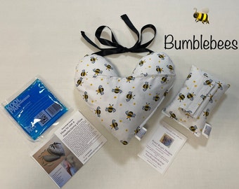 Conjunto para Mastectomia Bumblebees: Almofada em formato de coração + Almofada para cinto de segurança + Pacote de gel. Inclui bolso para auxiliar na recuperação pós-cirúrgica. Ideal para cirurgia de mastectomia ou no tórax.