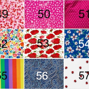 May include: A grid of nine fabric swatches labeled 49 through 57. Patterns include red hearts, white flowers on pink, white polka dots on magenta, watercolor hearts, red roses, white daisies on blue, vertical rainbow stripes, blue paisley, and ladybugs.