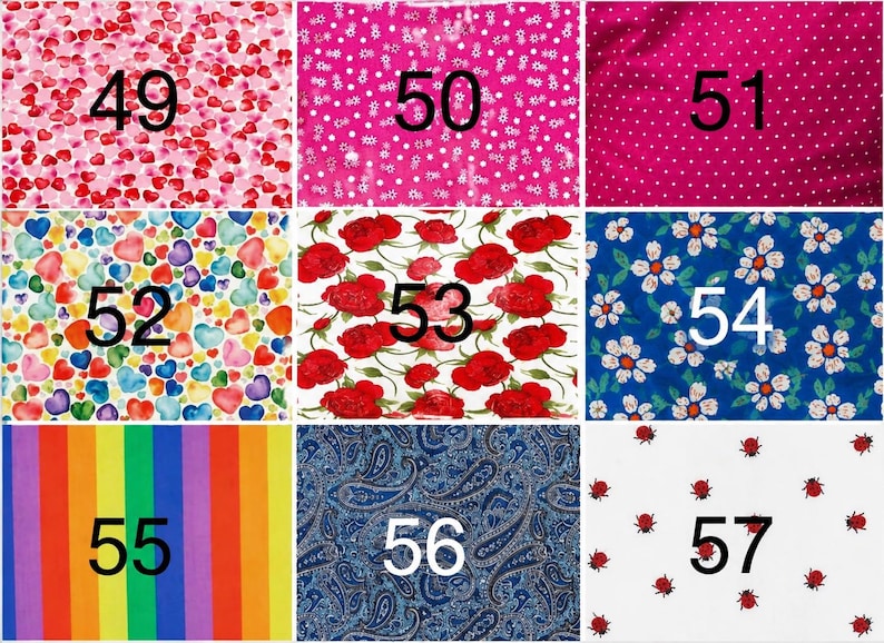 May include: A grid of nine fabric swatches labeled 49 through 57. Patterns include red hearts, white flowers on pink, white polka dots on magenta, watercolor hearts, red roses, white daisies on blue, vertical rainbow stripes, blue paisley, and ladybugs.