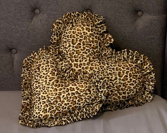 Leopard Frilled Heart Shaped Pillows Animal Print Cushions Heart Plush Pillow Throw Co-ordinating Range Love Gift Animal Print Decor Plush