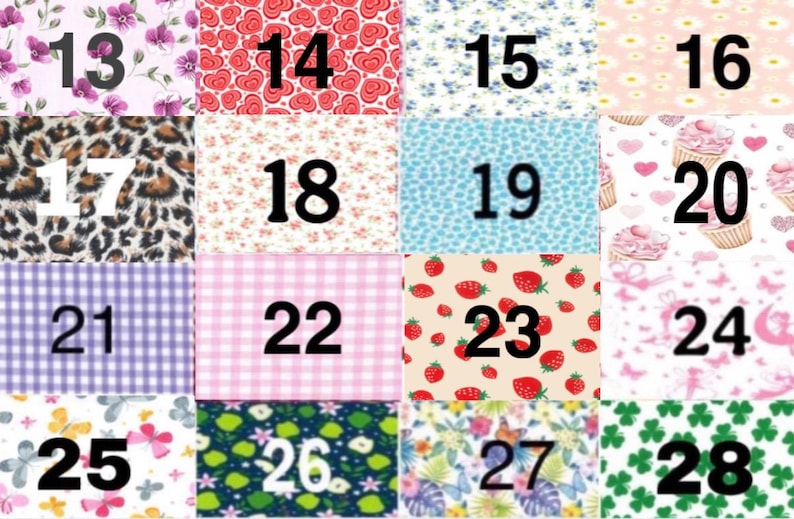 May include: A grid of sixteen fabric swatches labeled 13 through 28, featuring various patterns including purple flowers, red hearts, blue floral, daisies, leopard print, strawberries, pink cupcakes, purple gingham, pink plaid, butterflies, and green shamrocks.