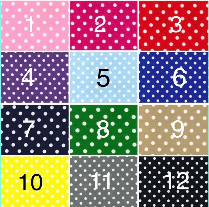 May include: A grid of twelve fabric swatches featuring a repeating white polka dot pattern on various solid background colors including pink, magenta, red, purple, light blue, royal blue, navy, green, tan, yellow, gray, and black, each labeled 1-12.