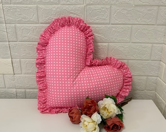 Large Frilled Heart Pillows Deep Frilled Cushions Handmade Country Cottage Handmade Superior Cushion 12 Polka Dot Colours!