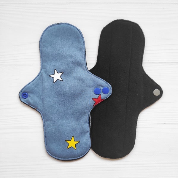 Organic cotton incontinence pads. Reusable cloth pads with stars. Eco friendly products. Various flow and lengths.