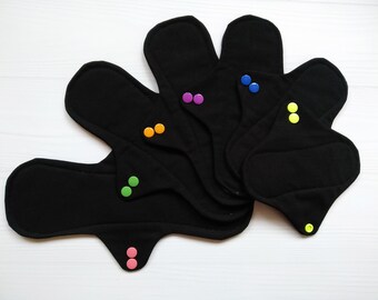 Reusable cloth pads. Set of 6. Black menstrual pads. Organic flannel or fleece with bamboo to the skin. Zero waste sanitary napkins.