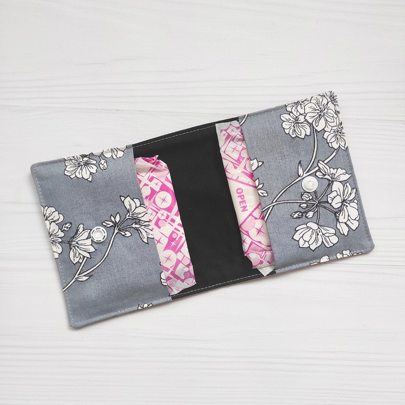 Cotton Organizer for Panty Liners. Gray Pad Storage Bag With Flowers