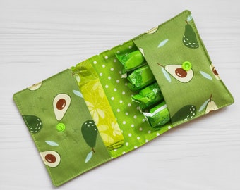 Feminine hygiene organizer with avocado. Panty liners holder. Cotton bag for pads and tampons. Sanitary napkin bag.