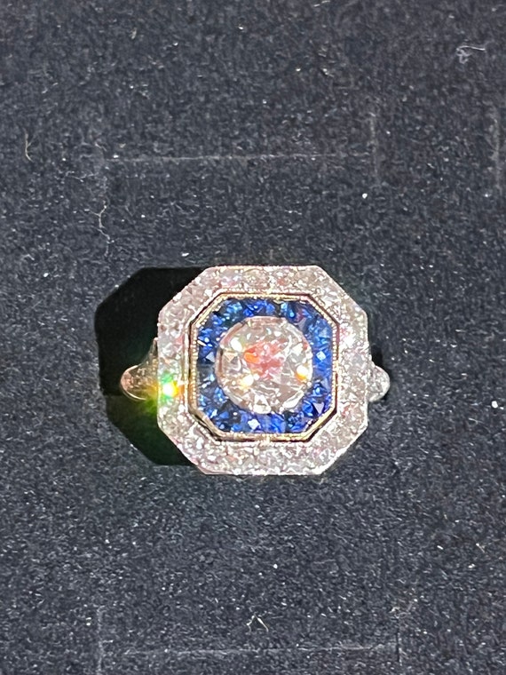 Estate Octagonal Diamond & Sapphire Halo Ring with