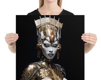May include: A square art print featuring a detailed portrait of a futuristic figure. The figure has a white face, adorned with a gold and silver headdress and armor. Red accents are visible on the headdress. The background is solid black.