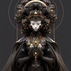 Pode incluir: Obra de arte digital com uma figura de rosto branco e elaborado adorno de cabeça preto e dourado. A figura usa uma roupa preta com detalhes dourados, uma capa e mãos juntas. Um halo dourado e fios de contas completam o design.