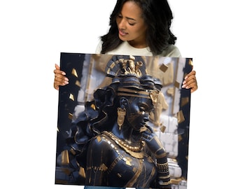 May include: A square canvas print featuring a detailed illustration of a black figure adorned with gold jewelry and a headdress. The artwork has a regal theme, with a focus on the intricate details of the figure's attire and the surrounding gold accents.