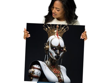 May include: A square art print featuring a futuristic cyborg with a white face, red eyes, and gold and red accents. The cyborg wears a gold crown and has gold headphones. The background is black.