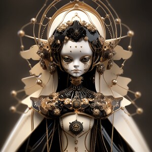 May include: A stylized doll-like figure with a white face, adorned with intricate black and gold details. The figure wears a white and black outfit with elaborate gold embellishments, including a headpiece and shoulder accents. The overall aesthetic is ornate and elegant.