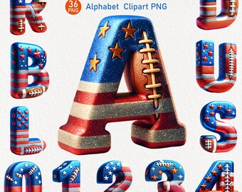 USA Flag Football Alphabet Clipart: Glitter Patriotic Letters (PNG, Digital Download)