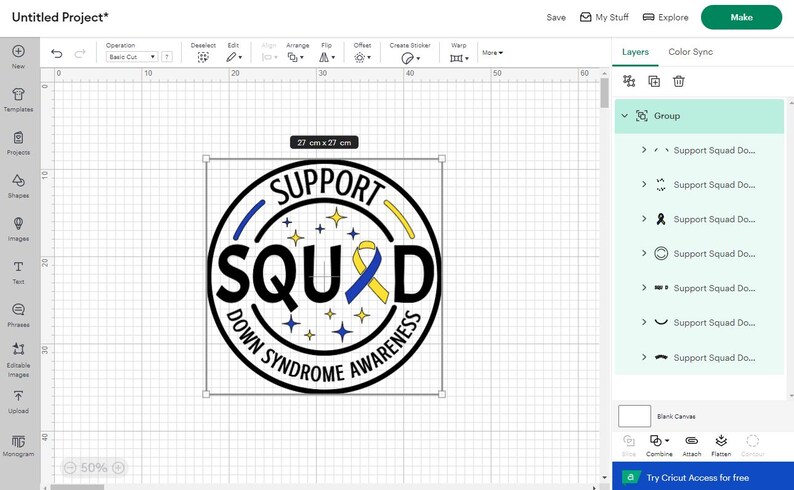 May include: A black and white circle design with the text "SUPPORT SQUAD DOWN SYNDROME AWARENESS" and a yellow and blue ribbon. The design is on a white background.