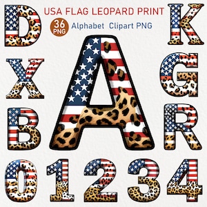 May include: A set of alphabet letters and numbers featuring a USA flag and leopard print design. The letters and numbers are in a bold, outlined font, with the American flag pattern and leopard print incorporated into the design. The text "USA FLAG LEOPARD PRINT" is at the top.