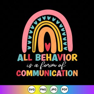May include: A colorful graphic on a black background features a rainbow with hearts and the text "ALL BEHAVIOR is a form of COMMUNICATION". The rainbow has pink, yellow, orange, and blue colors. The text is in various colors.