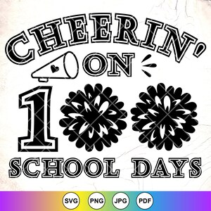 Può includere: Grafica in bianco e nero con il testo "Cheer on 100 School Days". La grafica include un megafono con un cuore, un grande numero 1 e due pompon.