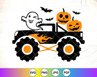 Pumpkin Monster Truck SVG: Boy's Halloween Ghost Design,Cricut Cut Files, Digital Download