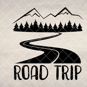 May include: Black and white graphic design of a winding road leading to a mountain range with a forest of trees in front of the mountains. The text "ROAD TRIP" is below the image.