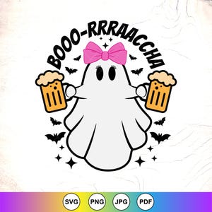 May include: A white ghost illustration with a pink bow, holding two mugs of beer. The text "BOOO-RRRAAACCHA" arches above the ghost. Black bats and stars surround the ghost, with file type icons at the bottom.