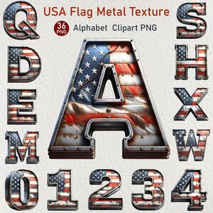 May include: A set of 36 metal letters and numbers with a distressed American flag design. The letters are Q, D, E, M, A, S, H, X, W, 0, 1, 2, 3, and 4. The letters and numbers are in a bold, 3D style.