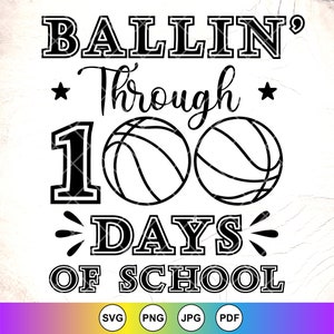 May include: Black and white graphic design with the text "Ballin' Through 100 Days of School" with two basketballs in the middle of the text.