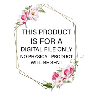 Op de afbeelding: Een grafische afbeelding voor het downloaden van een digitaal bestand met een gouden geometrisch frame en roze bloemen. De tekst luidt "Dit product is voor een digitaal bestand. Er wordt geen fysiek product verzonden."