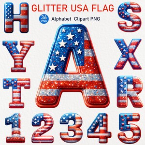 May include: Glitter alphabet and numbers in red, white, and blue with a glittery finish, resembling the American flag. The letters spell out "HYTAR" and the numbers are 1, 2, 3, 4, and 5.