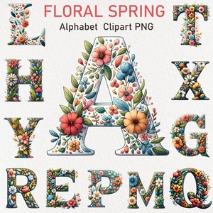 Primavera floral alfabeto clipart sublimação PNG, clipart de casamento PNG, pacote de clipart de letras florais, clipart aquarela, design de sublimação PNG