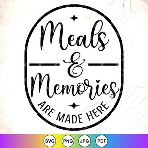 Può includere: Grafica in bianco e nero con un cerchio e il testo "Meals & Memories Are Made Here".