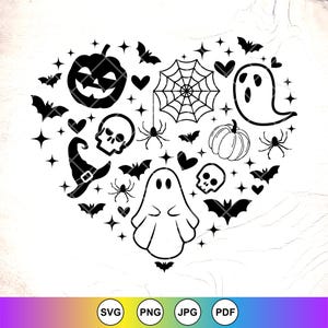 Ghost Halloween Heart SVG, Halloween Shirt SVG, Spooky season SVG, Pumpkin SVG, Ghost Clipart, Bat SVG, Instant Download Files for Cricut