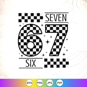 Può includere: Grafica in bianco e nero con i numeri 6 e 7, con un motivo a scacchiera. La parola "SIX" è sotto il numero 6 e la parola "SEVEN" è sopra il numero 7. Sono incluse anche grafiche a stella.
