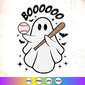 May include: A white ghost holding a baseball bat and a baseball. The ghost is wearing a friendly expression and has two eyes. The text "BOO0000" is above the ghost.