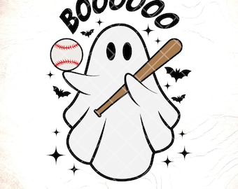 May include: A white ghost holding a baseball bat and a baseball. The ghost has a friendly expression and two eyes. The text "BOO0000" is above the ghost.
