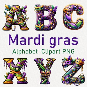 Mardi gras Alphabet Clipart PNG sublimation, Mardi Gras La Nouvelle-Orléans fête Alphabet Clipart Bundle, clipart carnaval, PNG sublimation Design