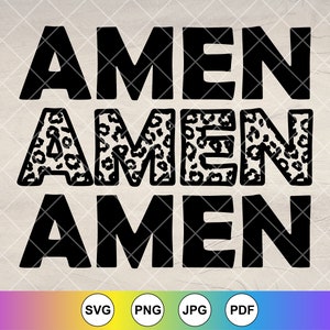 Op de afbeelding: Zwart-wit grafisch ontwerp met het woord "Amen" drie keer herhaald. De middelste "Amen" is in een luipaardprint.
